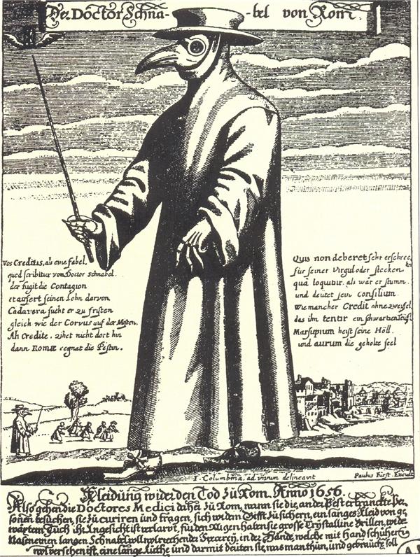 
Собираясь к больному чумой, лекарь XVII века надевал защитную одежду-- балахон, шляпу, маску и очки. Надпись на рисунке гласит: «Как бороться со смертью в Риме в 1656 году, пользуясь защитной одеждой».
